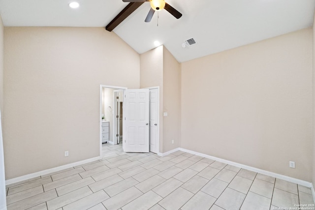 spare room featuring ceiling fan, high vaulted ceiling, and beam ceiling