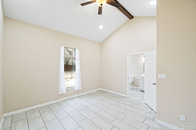 empty room with ceiling fan, beam ceiling, and high vaulted ceiling