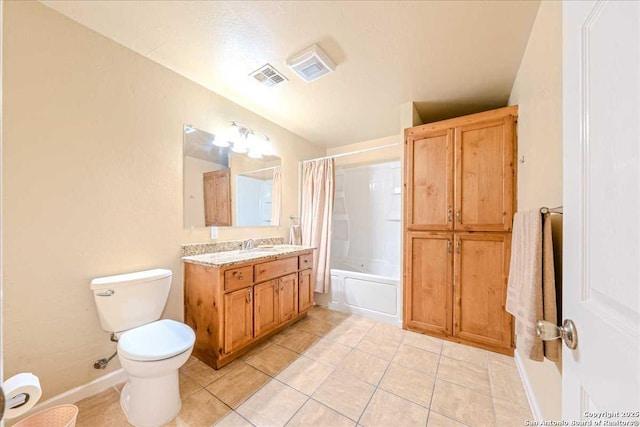 full bathroom featuring tile patterned flooring, vanity, shower / bath combination with curtain, and toilet