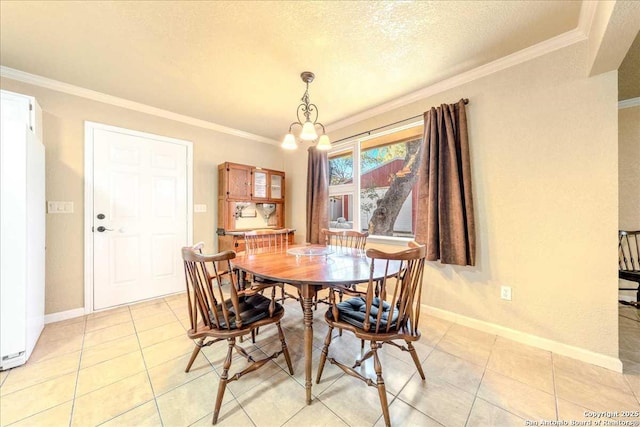 tiled dining space featuring crown molding, a chandelier, and a textured ceiling