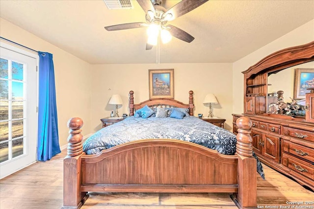 bedroom featuring ceiling fan and light wood-type flooring