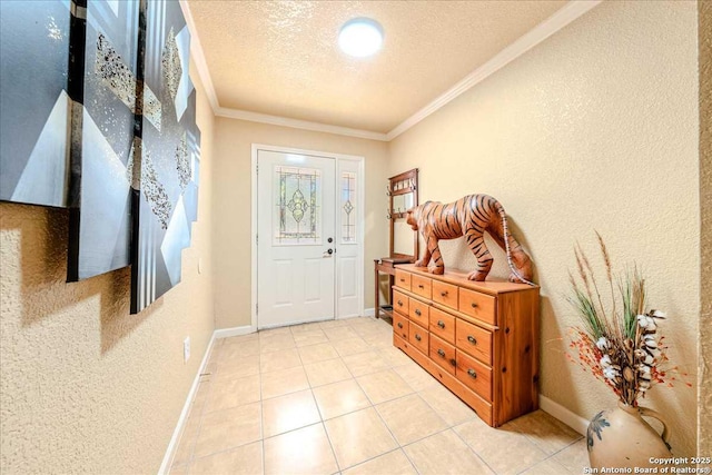 entrance foyer featuring light tile patterned floors, crown molding, and a textured ceiling