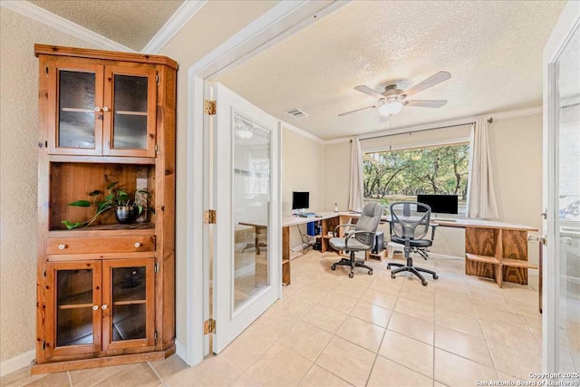 office space featuring ceiling fan, ornamental molding, french doors, and a textured ceiling