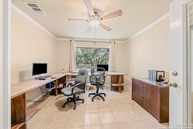 office space with crown molding, light tile patterned floors, ceiling fan, and a textured ceiling