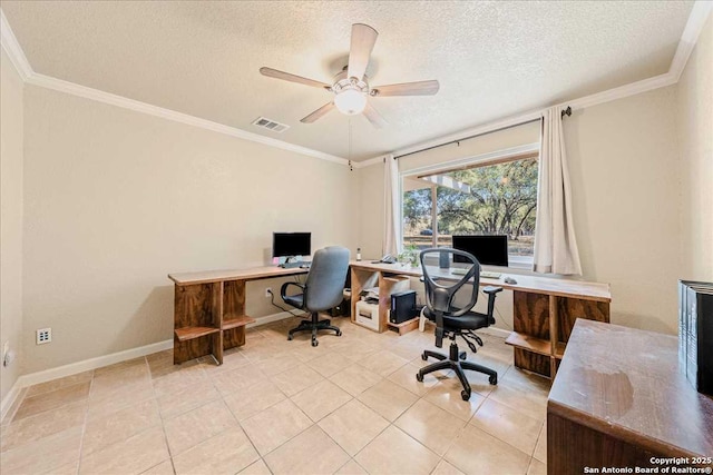 tiled office space with ceiling fan, ornamental molding, and a textured ceiling