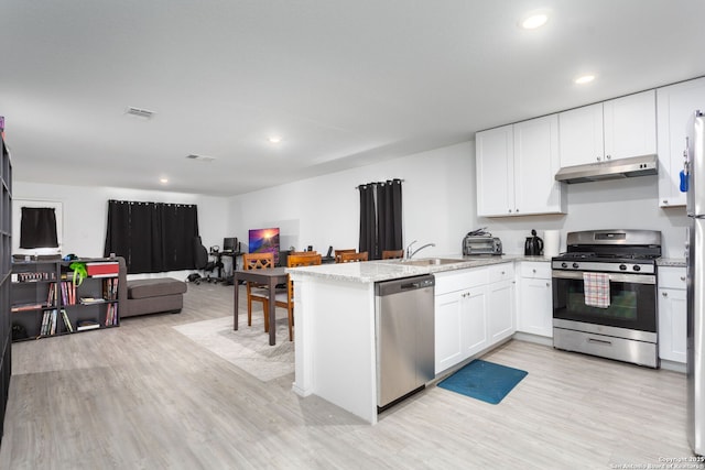 kitchen with white cabinetry, appliances with stainless steel finishes, sink, and kitchen peninsula