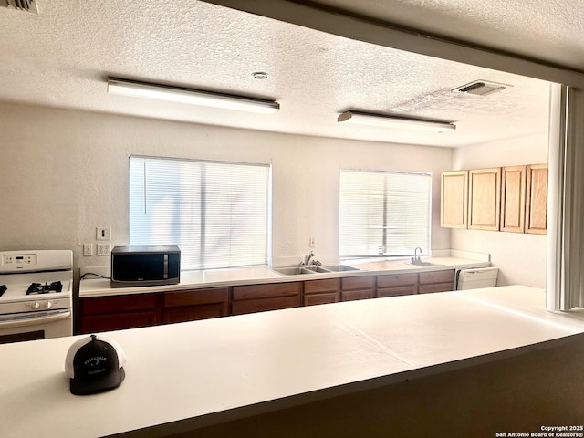 kitchen with light brown cabinets, sink, white gas stove, and a textured ceiling