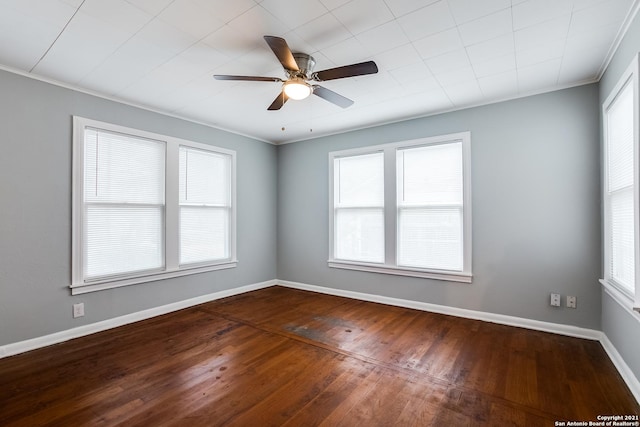 spare room with crown molding, wood-type flooring, and ceiling fan