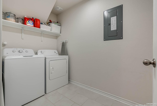 clothes washing area with washing machine and dryer and electric panel