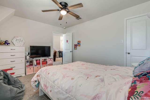 carpeted bedroom with ceiling fan