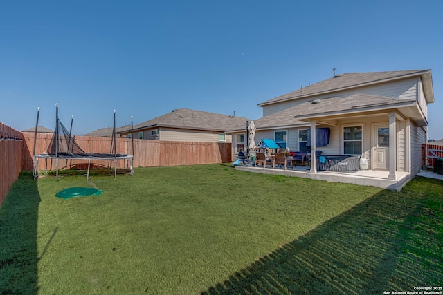 rear view of property with a patio area, a trampoline, and a lawn