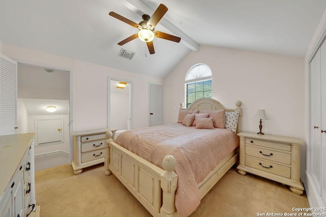 bedroom with light carpet, vaulted ceiling with beams, and ceiling fan