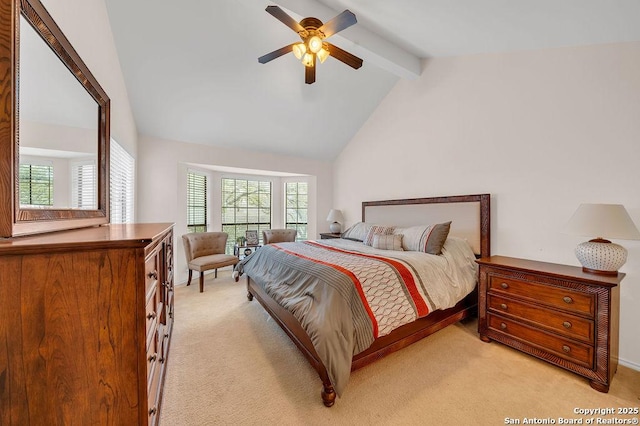 carpeted bedroom with ceiling fan, high vaulted ceiling, and beamed ceiling