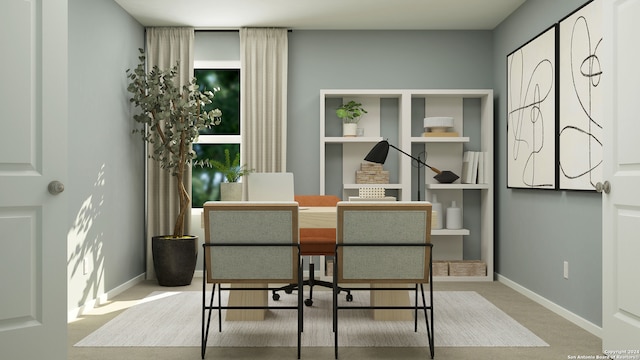 dining area featuring light carpet