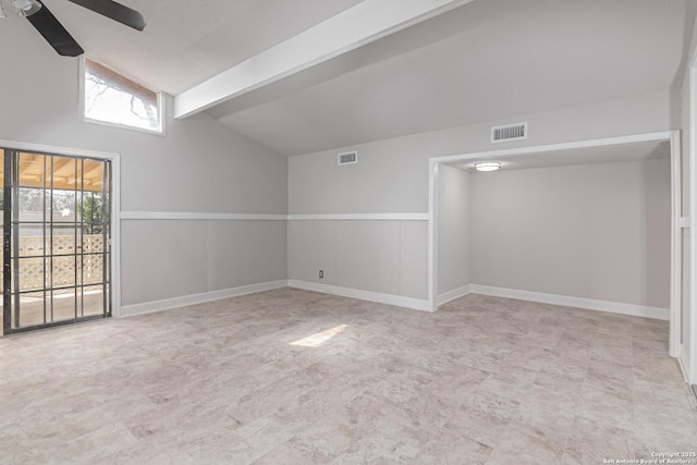 unfurnished room featuring vaulted ceiling with beams and ceiling fan