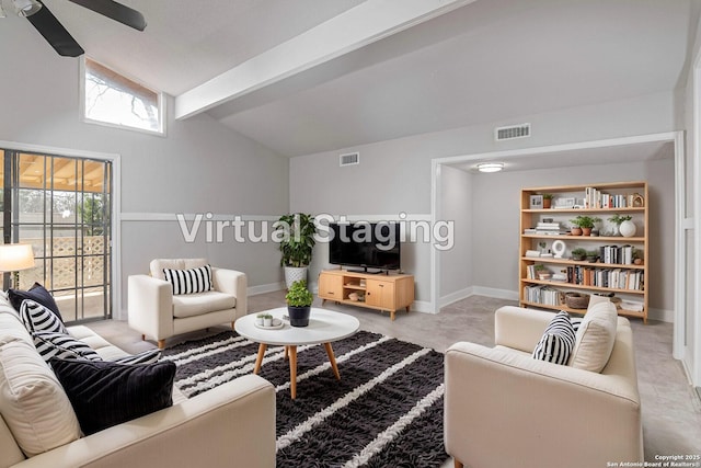 living room featuring lofted ceiling with beams, ceiling fan, and built in shelves