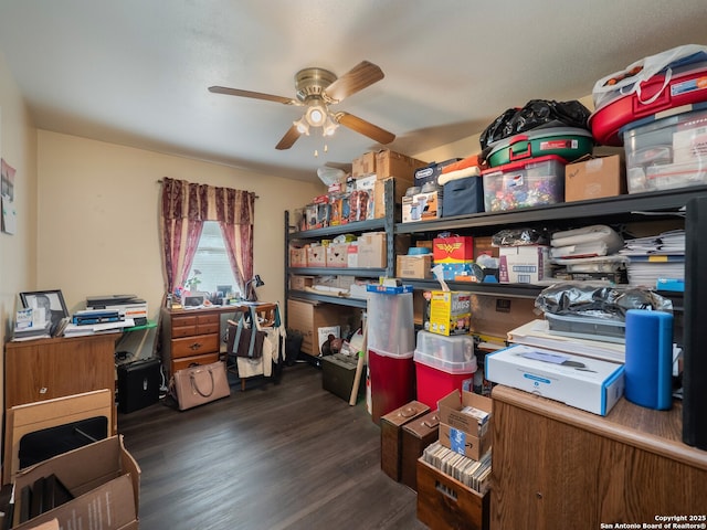 storage area featuring ceiling fan