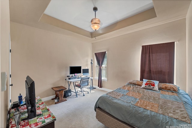 bedroom with a raised ceiling and light carpet