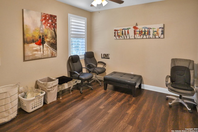 office space with dark hardwood / wood-style floors and ceiling fan