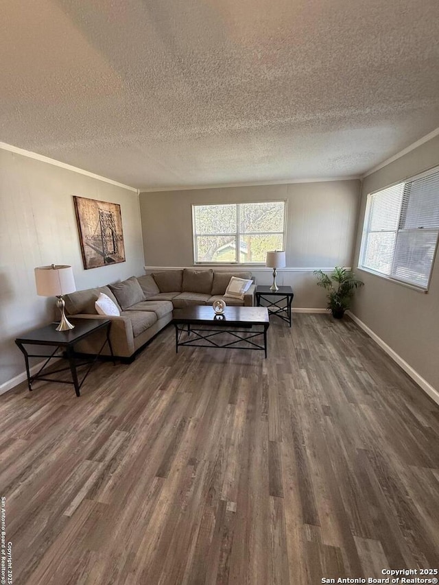 living room with ornamental molding, plenty of natural light, and hardwood / wood-style floors