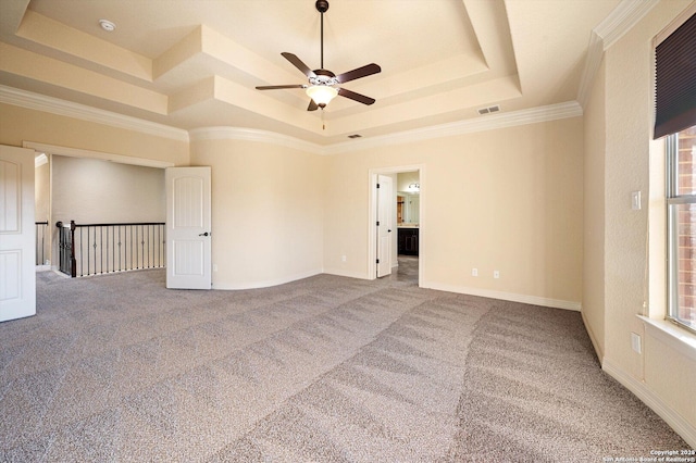 empty room with carpet, crown molding, ceiling fan, and a raised ceiling