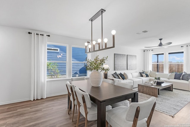 dining area featuring ceiling fan with notable chandelier, a healthy amount of sunlight, and light wood-type flooring