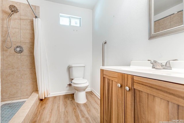 bathroom with vanity, wood-type flooring, curtained shower, and toilet