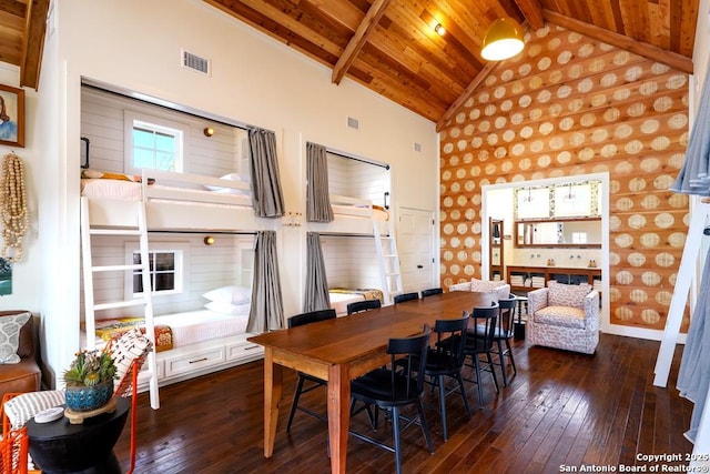 home office featuring dark wood-type flooring, wood ceiling, high vaulted ceiling, and beamed ceiling