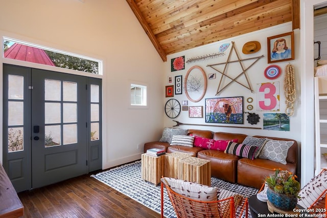 foyer featuring high vaulted ceiling, wooden ceiling, and dark hardwood / wood-style floors