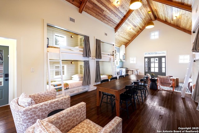 dining room featuring dark wood-type flooring, french doors, wood ceiling, high vaulted ceiling, and beamed ceiling