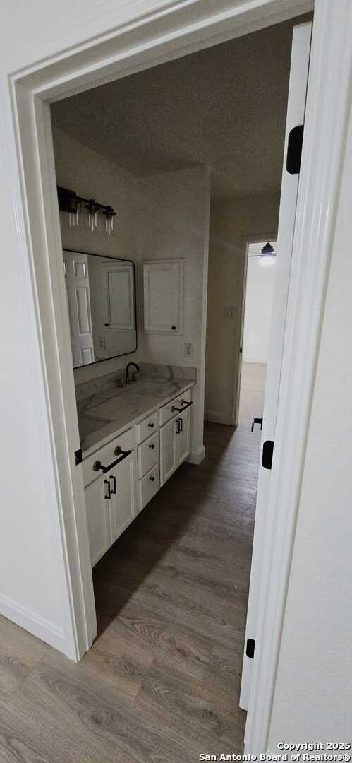 bathroom with vanity and hardwood / wood-style floors