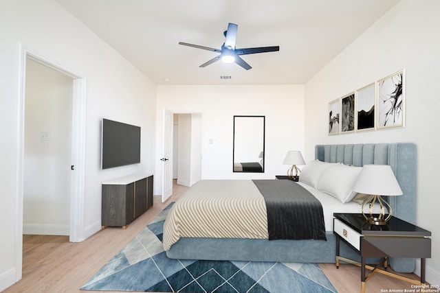 bedroom featuring ceiling fan and light wood-type flooring