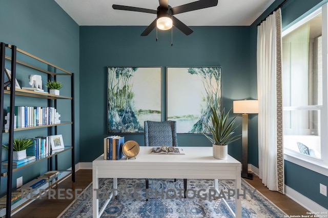 office space featuring ceiling fan and wood-type flooring