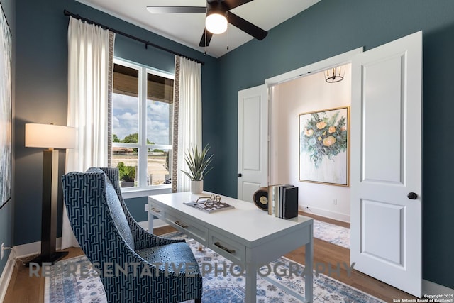 office area featuring ceiling fan and wood-type flooring