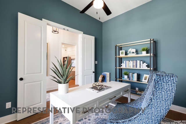 office space with hardwood / wood-style floors and ceiling fan