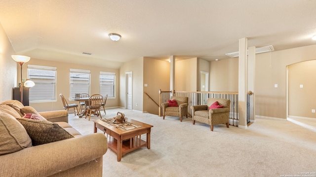 living room with light colored carpet