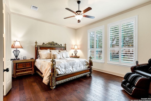 bedroom featuring dark wood-type flooring and ornamental molding