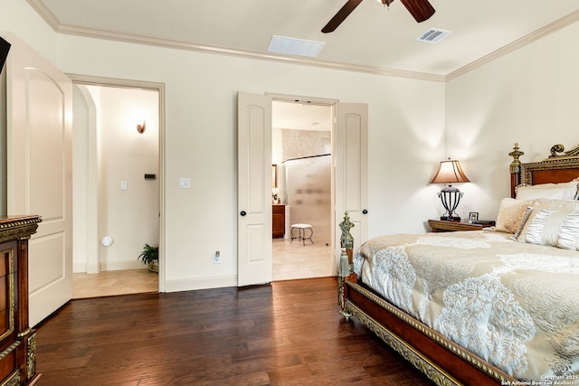 bedroom with crown molding, ceiling fan, and dark hardwood / wood-style flooring