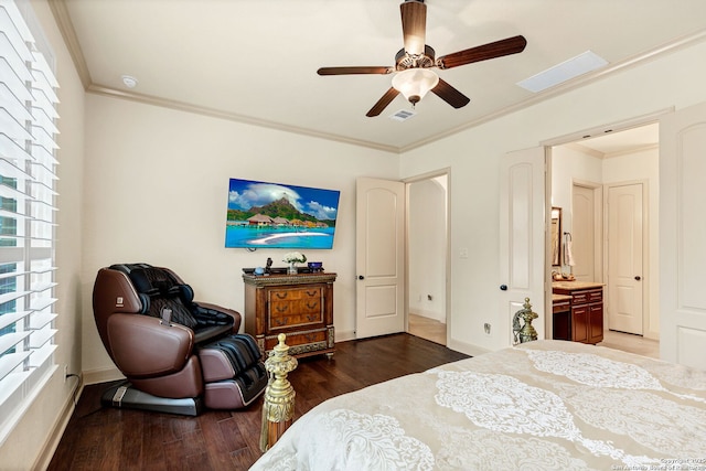 bedroom featuring hardwood / wood-style flooring, ceiling fan, and crown molding