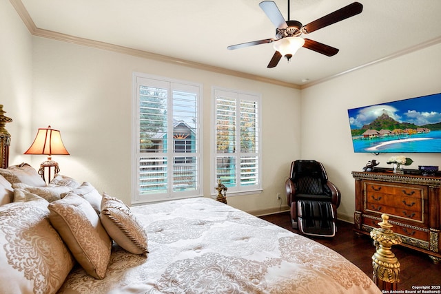 bedroom featuring multiple windows, crown molding, dark hardwood / wood-style floors, and ceiling fan