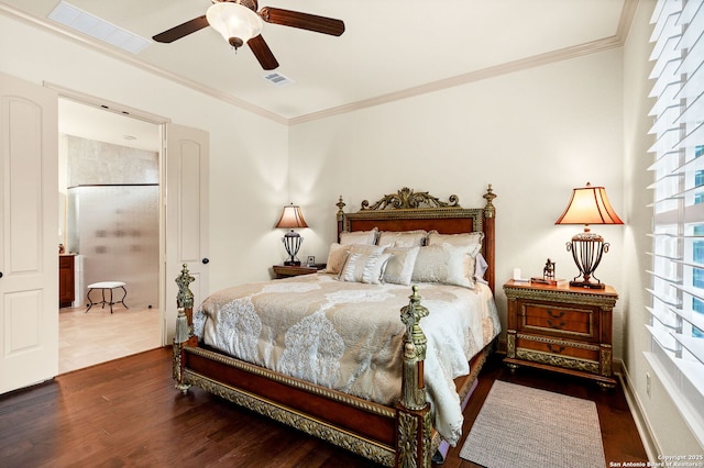 bedroom featuring dark hardwood / wood-style flooring, crown molding, and ceiling fan