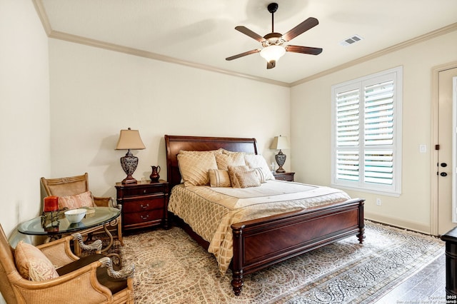 bedroom featuring ornamental molding and ceiling fan