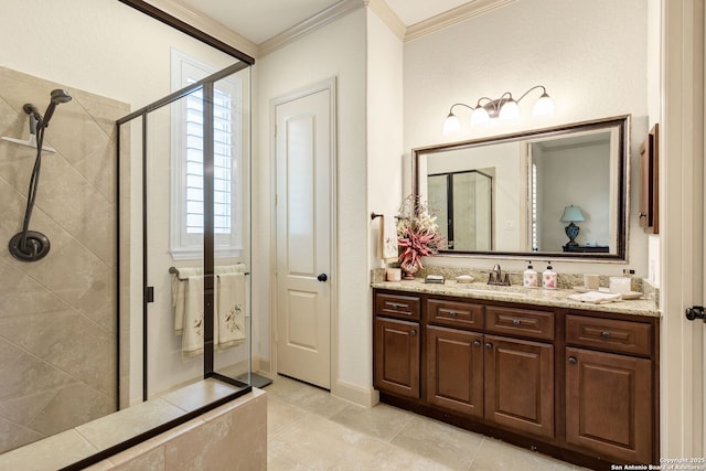 bathroom featuring walk in shower, ornamental molding, and vanity