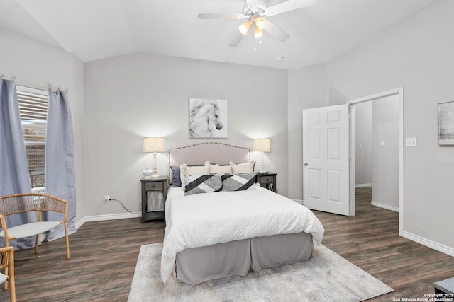 bedroom with ceiling fan, dark hardwood / wood-style flooring, and vaulted ceiling