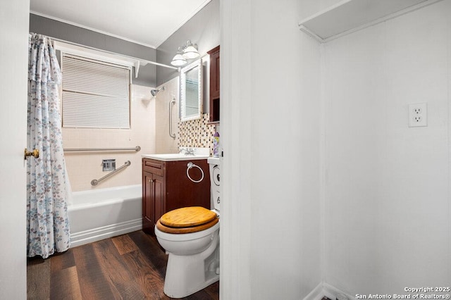 full bathroom with shower / tub combo with curtain, vanity, wood-type flooring, and toilet