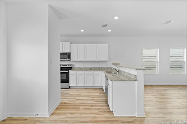 kitchen featuring sink, light wood-type flooring, appliances with stainless steel finishes, kitchen peninsula, and white cabinets