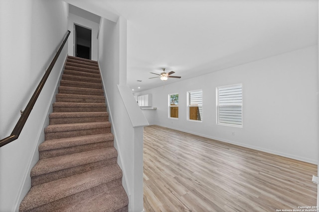 staircase featuring hardwood / wood-style flooring and ceiling fan