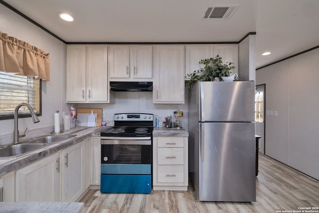 kitchen with stainless steel appliances, light hardwood / wood-style floors, sink, and a wealth of natural light