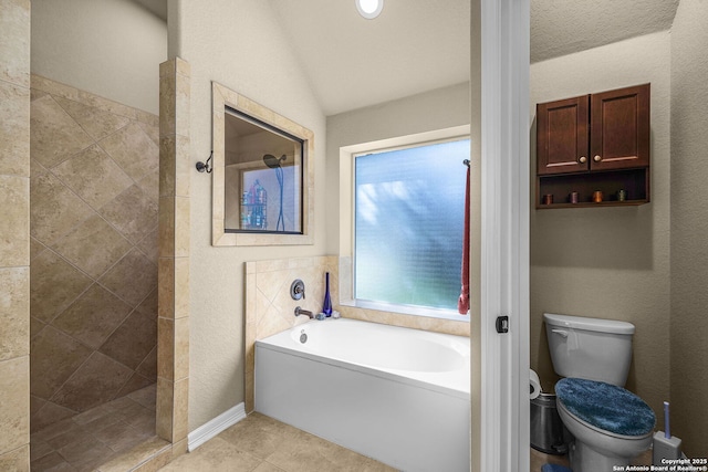 bathroom featuring separate shower and tub, tile patterned floors, and toilet