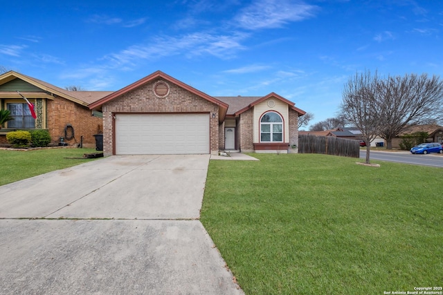 ranch-style house featuring a garage and a front yard